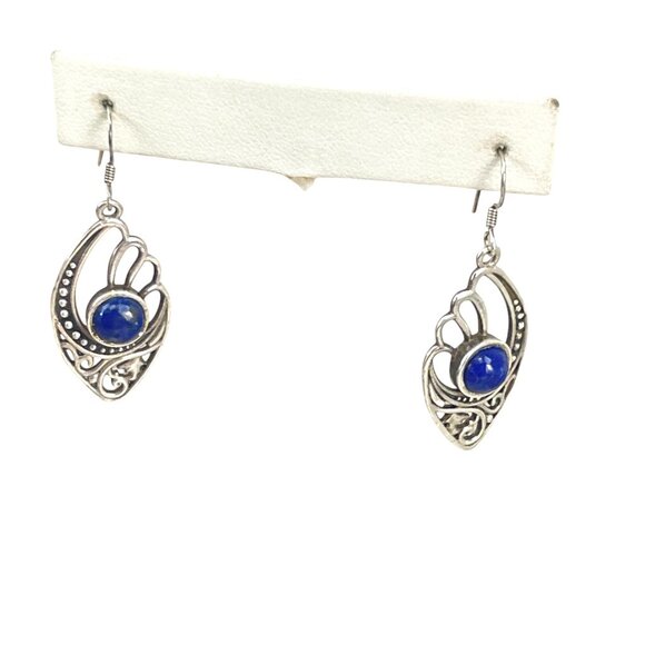 Sterling Silver Lapis Gemstone Dangle Earrings With Intricate Filigree Design Bo - Picture 3 of 10